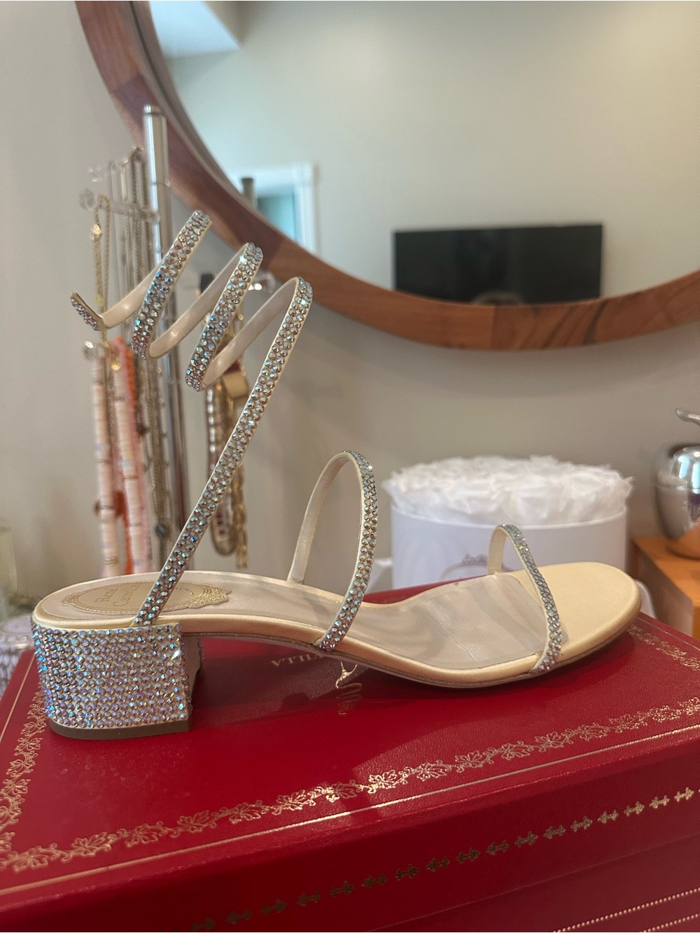 Rene Caovillacleo Ivory 40mm Crystal embellished Spiral Ankle Block Heel Sandals